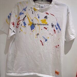 ZARA dnwr line "Big Thoughts" White T-Shirt with Paint Splatter Men’s t-shirt L
